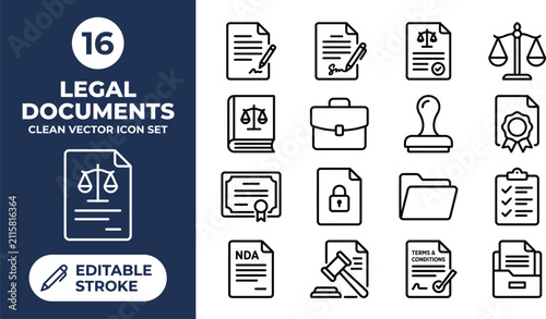 Legal document and law office line icon set featuring contracts certificates and judicial symbols vector illustration