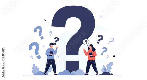 Man and woman standing in front of large question mark and many small ones representing confusion and problem solving.