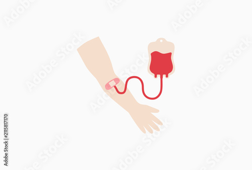 Konstfotografi Medical illustration of a human arm donating blood into a red plastic bag connected by a tube representing lifesaving clinical procedures volunteer charity and essential healthcare services