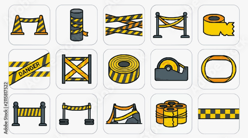 Creative Collection of 15 Bright Yellow and Black Construction Safety Barriers and Warning Icons Illustrations