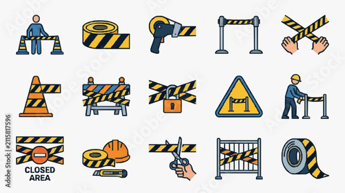 Creative Icons Showing Diverse Construction and Safety Barriers with Bright Yellow and Black Color Scheme