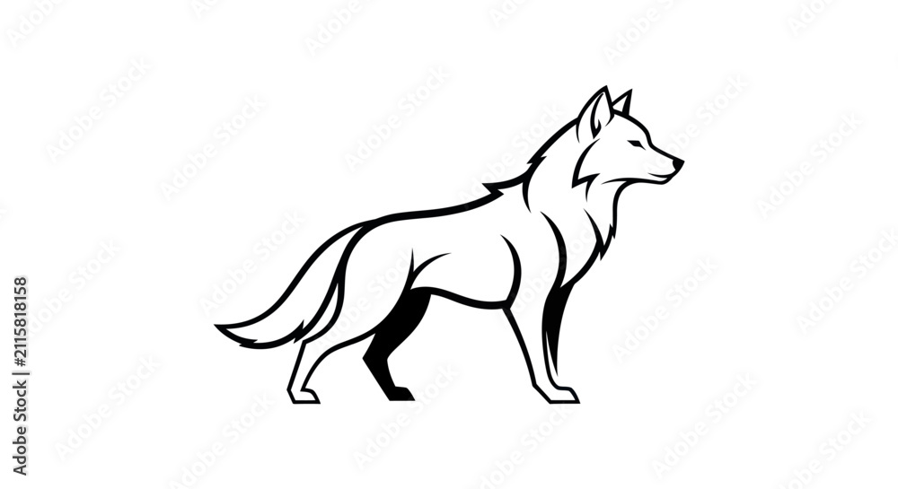 Fototapeta premium Elegant black and white wolf illustration against a clean white backdrop