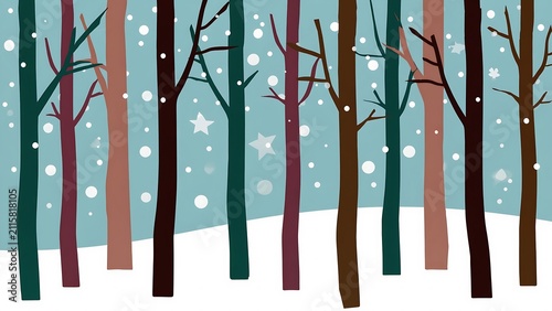Stylized winter forest illustration with falling snow and bare trees against a blue background, creating a peaceful scene.