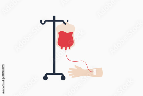 Konstfotografi Medical illustration showing blood donation process with a human arm connected to a plastic collection bag hanging on an IV pole highlighting lifesaving clinical procedures and volunteer care