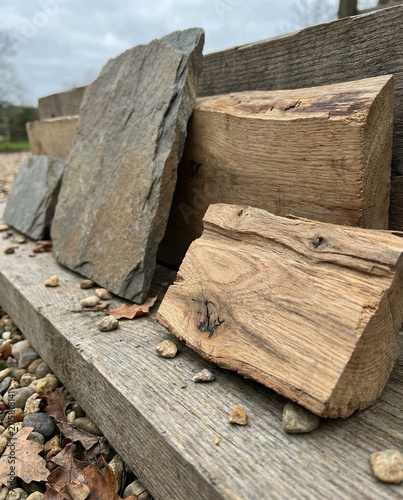 Natural Wood and Stone Building Material Samples Outdoors
