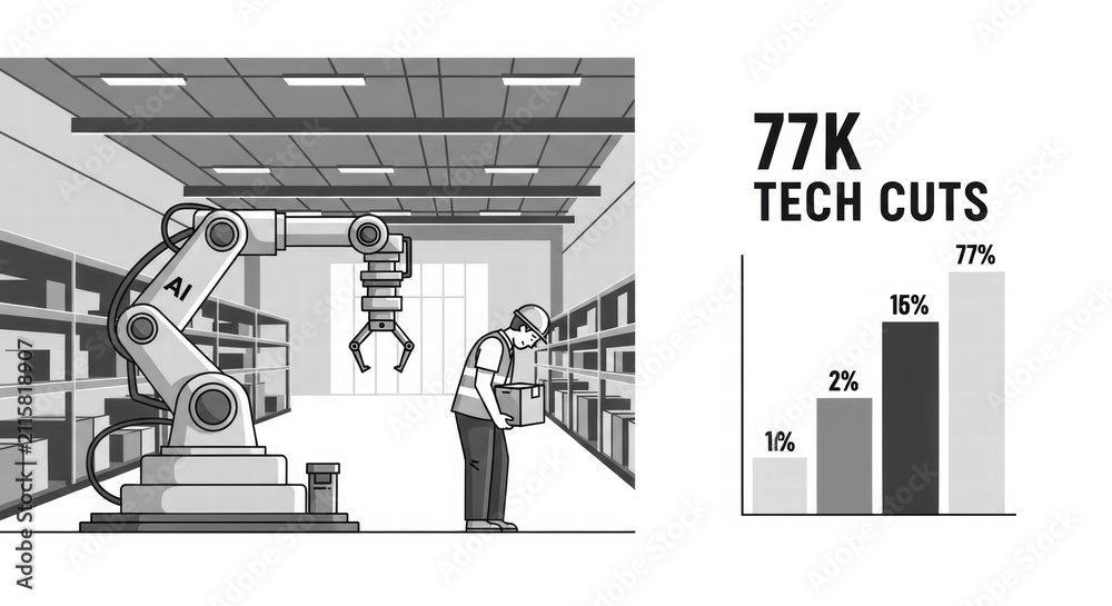 Obraz premium Black and white warehouse image with a robot and chart showing significant technological cuts, ai job loss illustration concept, AI generated