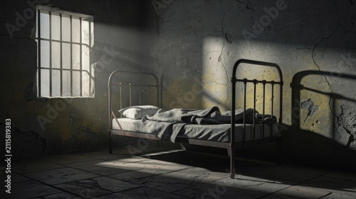 A dimly lit, empty prison cell features a bare metal bed with rumpled gray blankets, casting shadows on the cracked, worn walls and floor.
