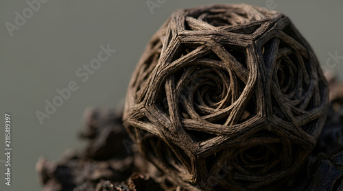 Intricate wooden woven sphere sculpture with geometric pattern on dark blurred background sculpture geometric branches handmade abstract close-up sculptural spherical interwoven minimalist