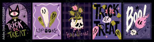 Quadro su tela Set of halloween posters with trick or treat lettering, spooky ghosts, cyclops cat, venus flytrap in skull and pink burning skull