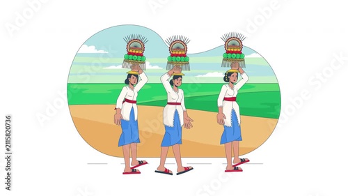 Mepeed tradition procession carrying gebogan offerings in Bali cartoon animation. Balinese women participating in Galungan ceremony animated flat 2D characters 4K video isolated on transparent white