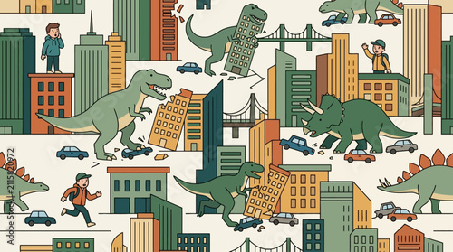 Bild auf Leinwand Seamless Pattern of Dinosaurs Invading a Modern City with People.