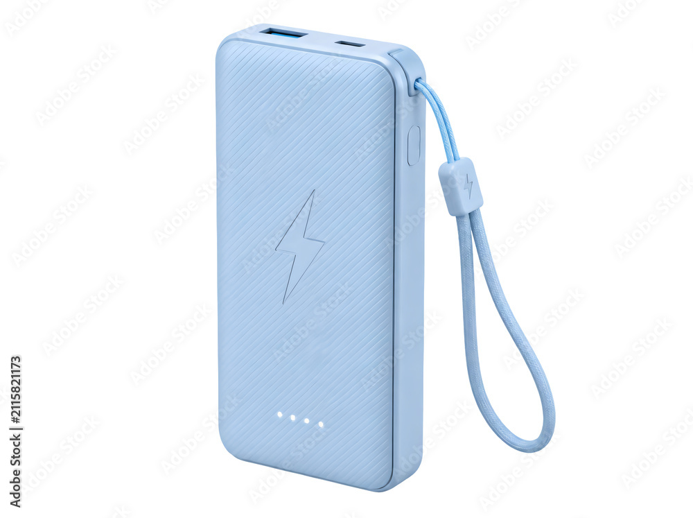 Fototapeta premium Light blue portable power bank with wrist strap isolated on transparent background