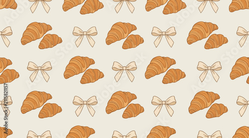 Картината върху платно Seamless Pattern of Hand Drawn Croissants and Decorative Bows.