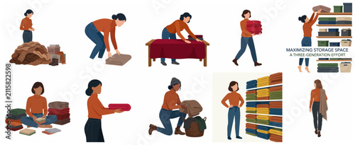 Set of illustrations featuring a woman organizing clothes, folding blankets, and decluttering home storage space
