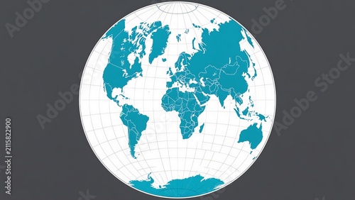 World map illustration featuring continents in teal and white grid lines on a gray background, showcasing global geography