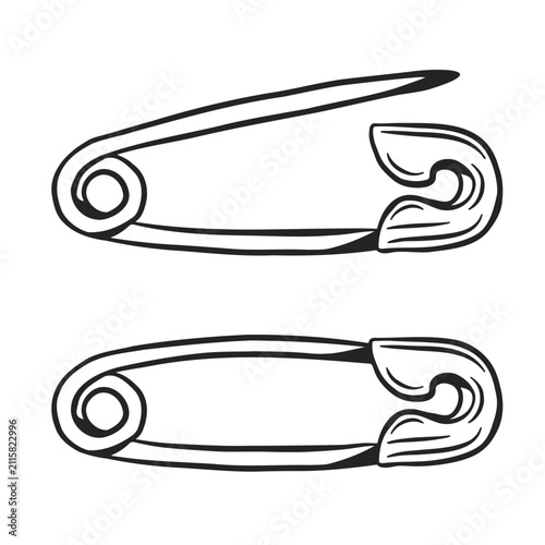 Open and closed safety pin hand drawn vector illustration