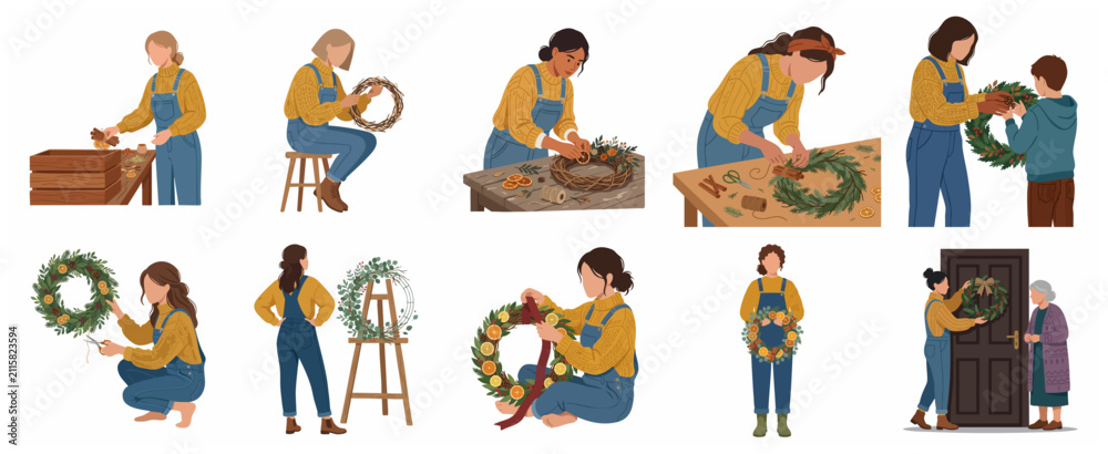 Fototapeta premium Set of flat illustrations depicting people crafting and decorating DIY Christmas wreaths with natural materials like pine branches, cinnamon sticks, and dried oranges.