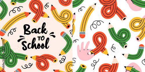 Vector back to school card template with cute curly pencil illustration and matching seamless pattern. Fun education set for classroom, stationery and printable design.