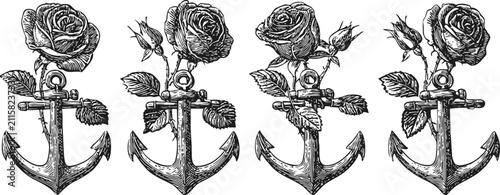 Vintage anchor with blooming rose and leaves tattoo design in black and white ink