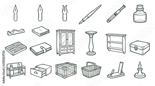 Foto A collection of detailed line art illustrations depicting various household items, furniture pieces, and writing instruments like pens and ink bottles