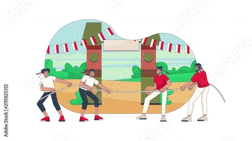 Traditional tug of war competition during Indonesian Independence Day cartoon animation. Village festival. Teams pulling rope animated flat 2D characters 4K video isolated on transparent background