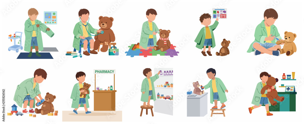Fototapeta premium Little Boy Playing Doctor with Teddy Bear Illustration Set, Child Roleplaying as a Pediatrician in Lab Coat Vector Graphics