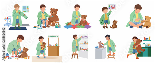 Obraz na płótnie Little Boy Playing Doctor with Teddy Bear Illustration Set, Child Roleplaying as