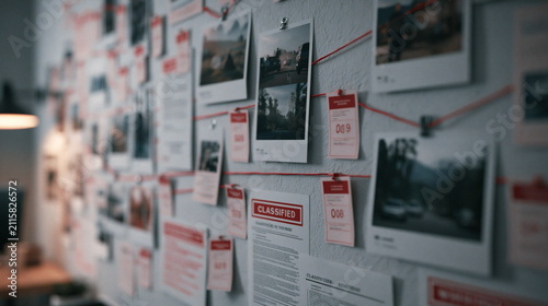 A detective investigation board showing many photographs and documents connected by red string to solve a criminal case in a dimly lit office room