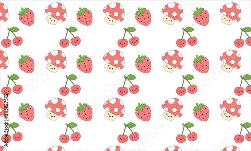 Kawaii Seamless Pattern with Cute Strawberry Cherry and Mushroom Cartoon on White Background