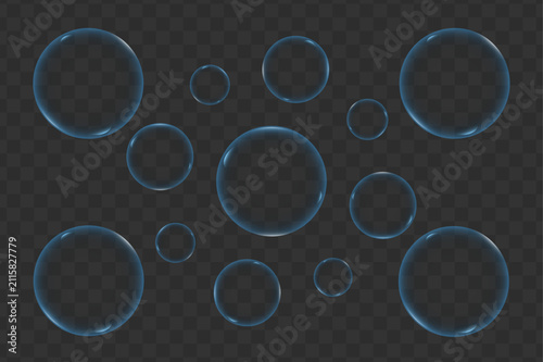 Blue Transparent Water Bubbles Vector Set, Realistic Glossy Liquid Spheres Isolated on Transparent Background, Floating Aqua Bubble Elements for Freshness, Beauty and Design.