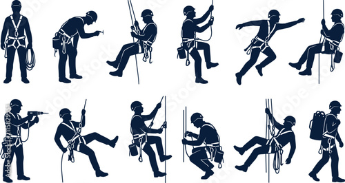 Foto Industrial rope access worker silhouettes performing climbing and rappelling tas