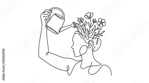Minimalist continuous line art of woman watering flowers growing from head with minimalist creative wellness continuous