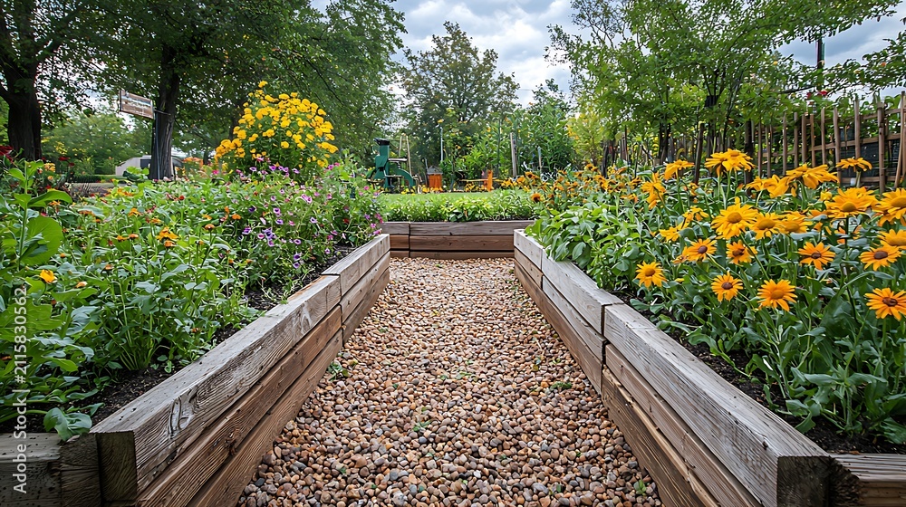 Obraz premium A stone path leads through a vibrant garden brimming with yellow and purple flowers bordered by raised wooden beds