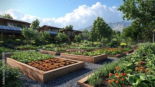 Expansive organic raised bed garden with lush vegetation solar powered homes in background mountains