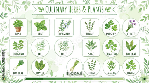 Foto Culinary Herbs and Plants Collection - Watercolor Style