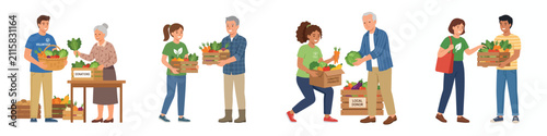 Diverse volunteers donating fresh vegetables and organic produce to senior citizens in a community charity setting.
