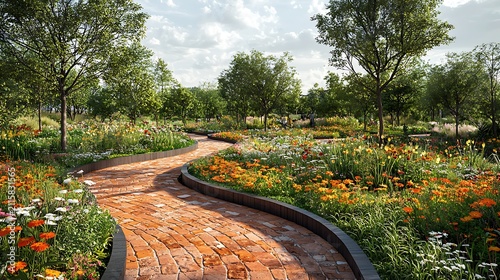 Winding brick pathway through a vibrant garden filled with diverse blooming flowers and lush green trees