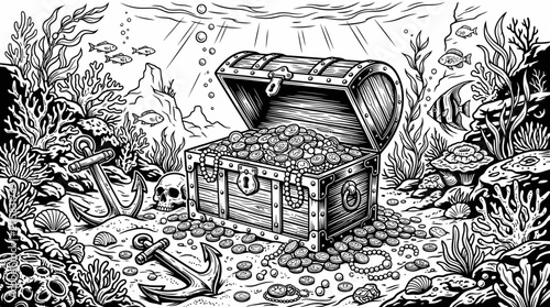 Fotografie Underwater Treasure Chest Filled with Gold Coins and Jewels, Anchors, Skull, and