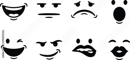 Canvastavla Set of facial expressions and emojis silhouettes showing happy sad shocked winki