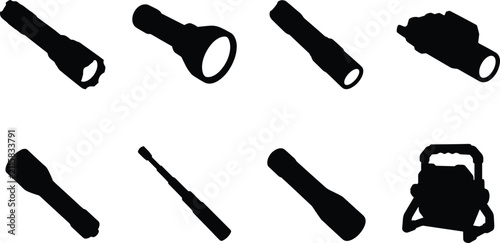 Set of flashlight and portable lighting tool silhouettes including tactical flashlight spotlight and work light vector illustration