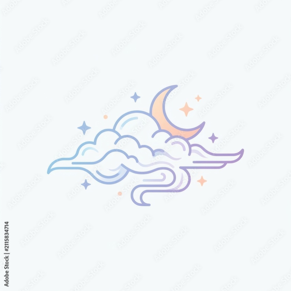 Fototapeta premium Soft Illustrative Night Sky with Clouds and Crescent Moon and Sparkling Stars