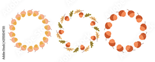 Autumn acorn wreath frame set, cute fall vector round frames with acorns and oak leaves isolated on white background