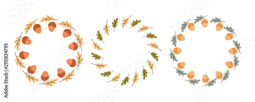 Autumn acorn wreath frame set, cute fall vector round frames with acorns and oak leaves isolated on white background