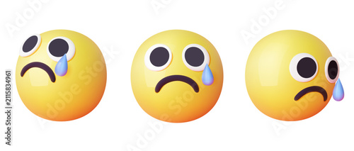 Set of 3d yellow smiley crying emoji faces with tear drop expressions