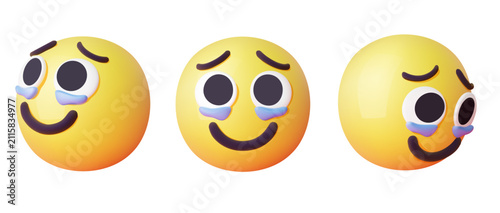 Set of 3d yellow smiley Face Holding Back Tears Emoji with smiling mouth and tear drops illustration