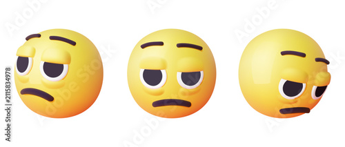 Set of 3d yellow smiley Face with Bags Under Eyes emoji faces with droopy eyes and flat mouth illustration