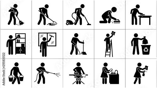 Foto Set of cleaning service icons showing various household chores and janitorial tasks