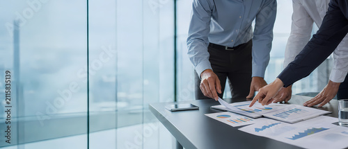 Faceless Business Team Reviewing Financial Dashboards and Reports in a Glass Conference Room While Discussing Performance Trends and Strategy
