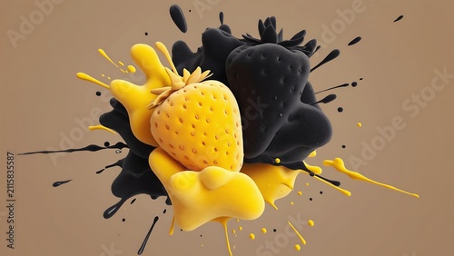 Abstract strawberry explosion with yellow and black paint splashes, a visually striking and modern composition.