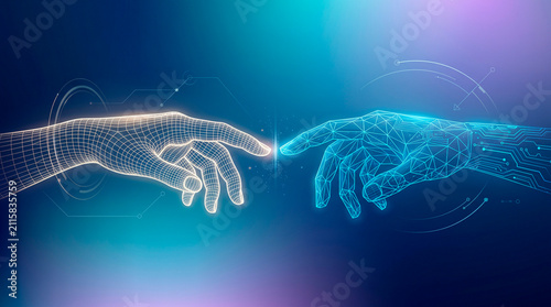 Human hand and robotic hand touching, hologram or glowing 3D wireframe grid effect, futuristic technology concept, human-AI connection.
